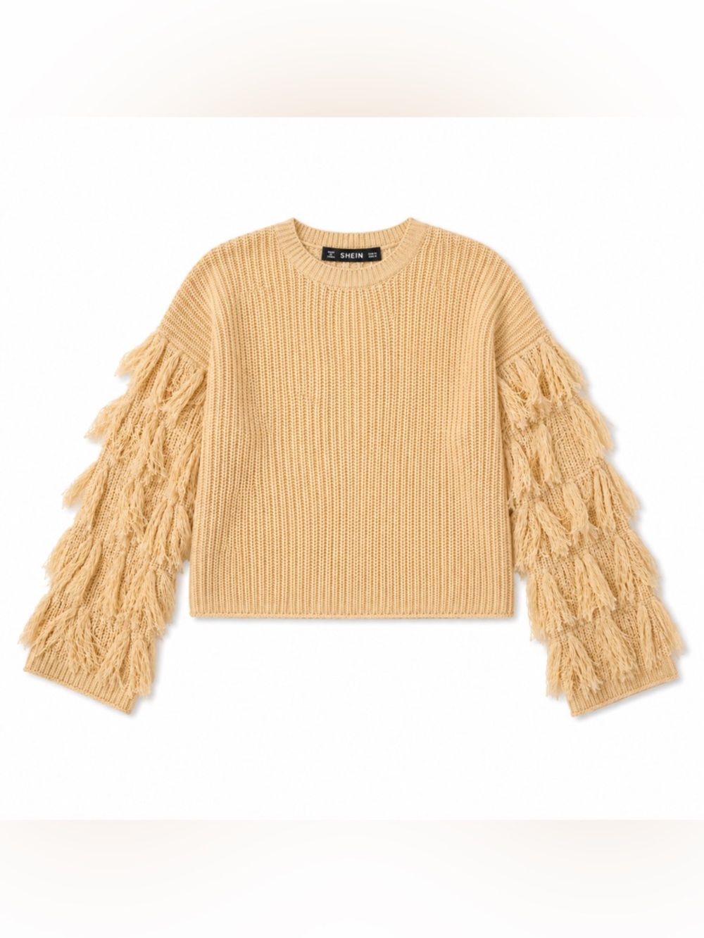 NWOT SHEIN Tan Fringe Trim Knit Sweater